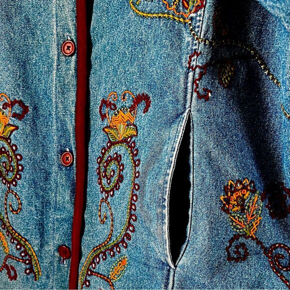 Y2K Denim & Co Embroidered Art To Wear Button Front Boho Denim Jean Jacket SZ M - Picture 9 of 15